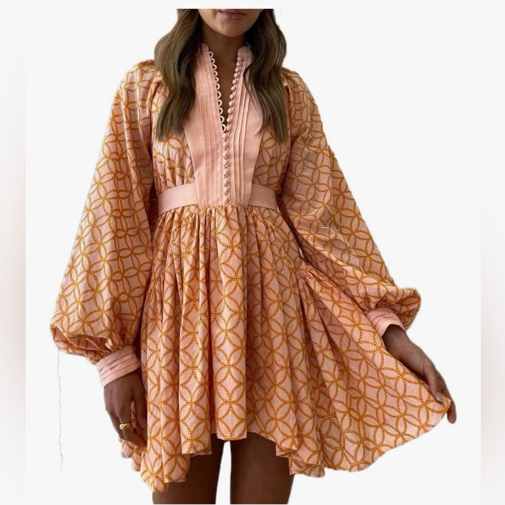 Amazon Peach Geometric Long Sleeve Dress